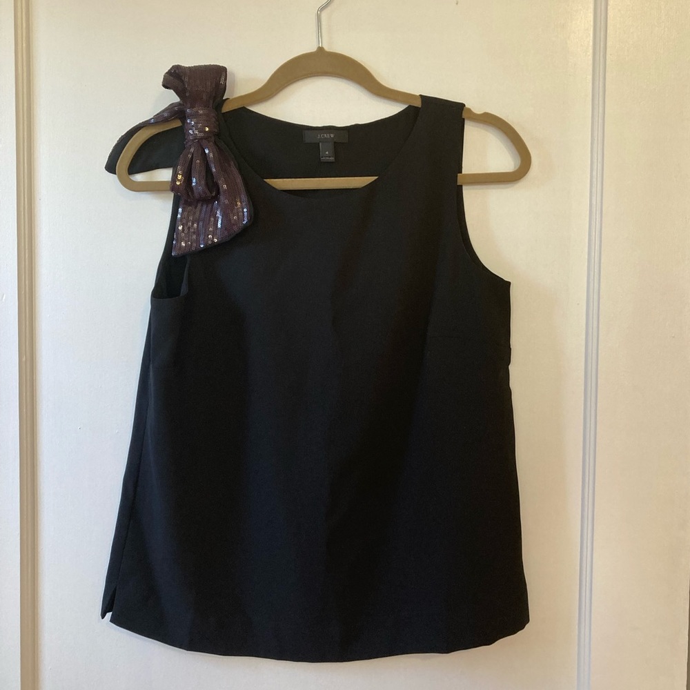 J. Crew Black Sleeveless Blouse with Sequined Bow on Right Shoulder, Size 4